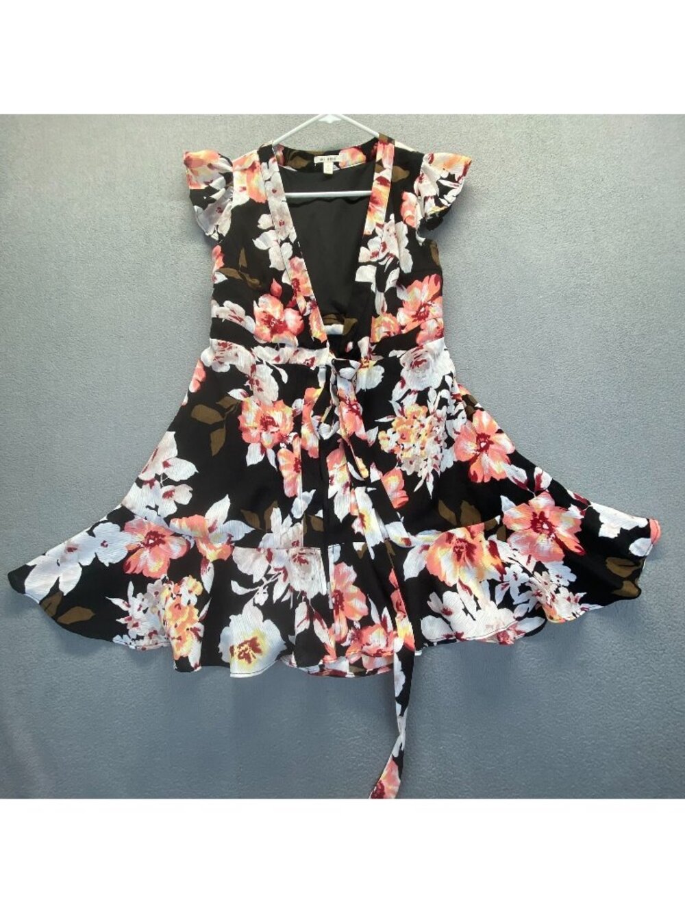 Miami Floral Wrap Dress Women Sz S  Black Pink Flutter Sleeve Ruffle Hem V-Neck